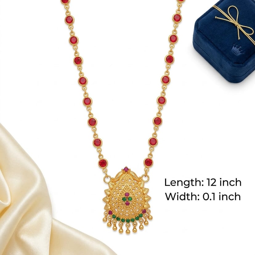 Ethnic Gold Plated Ruby Bead Chain with Teardrop Temple Necklace Chain With Pendant - Image 1
