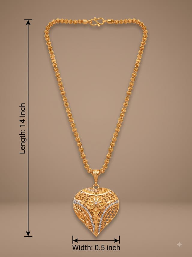 South Indian Traditional Gold Plated Long Chain with Floral Carved Filigree Heart Pendant Chain