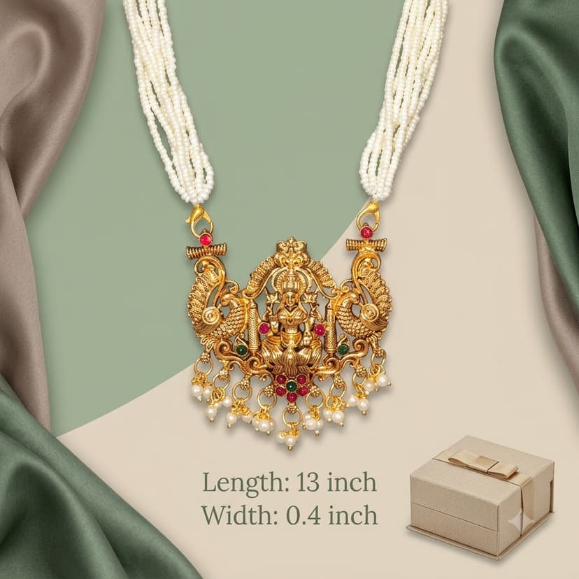 Temple Jewellery Pearl Mala Lakshmi Pendant Necklace Set for Festive & Wedding Wear Multi-Strand Pearl Gold Plated