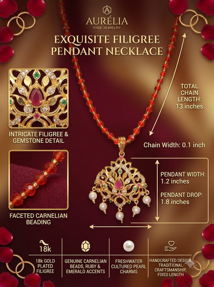 Traditional OrangeCrystal Beaded Necklace with Gold-Plated CZ & Pearl Drop Pendant - Image 1