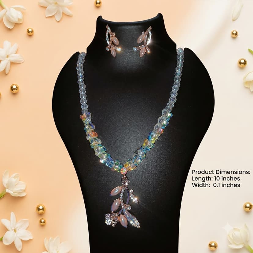 Modern Pastel Crystal Beaded Necklace Set with Rose Gold Floral Pendant & Earrings