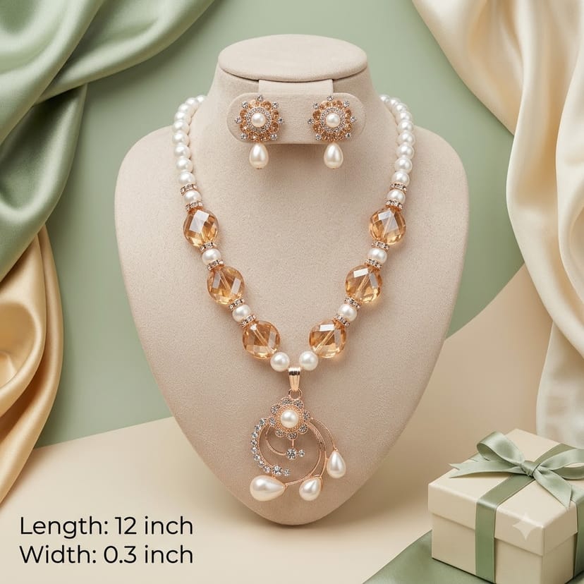 Royal Amber Crystal & Pearl Beaded Necklace Set with Floral Pendant & Matching Earrings 1