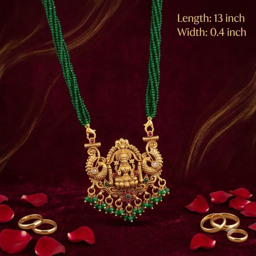 Traditional Goddess Lakshmi Multi-Strand Green Beaded Necklace Set with Antique Temple Pendant
