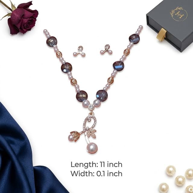 Elegant Smoky Grey Crystal & Pearl Beaded Necklace Set with Rose Gold Floral Pendant & Stud Earrings 1