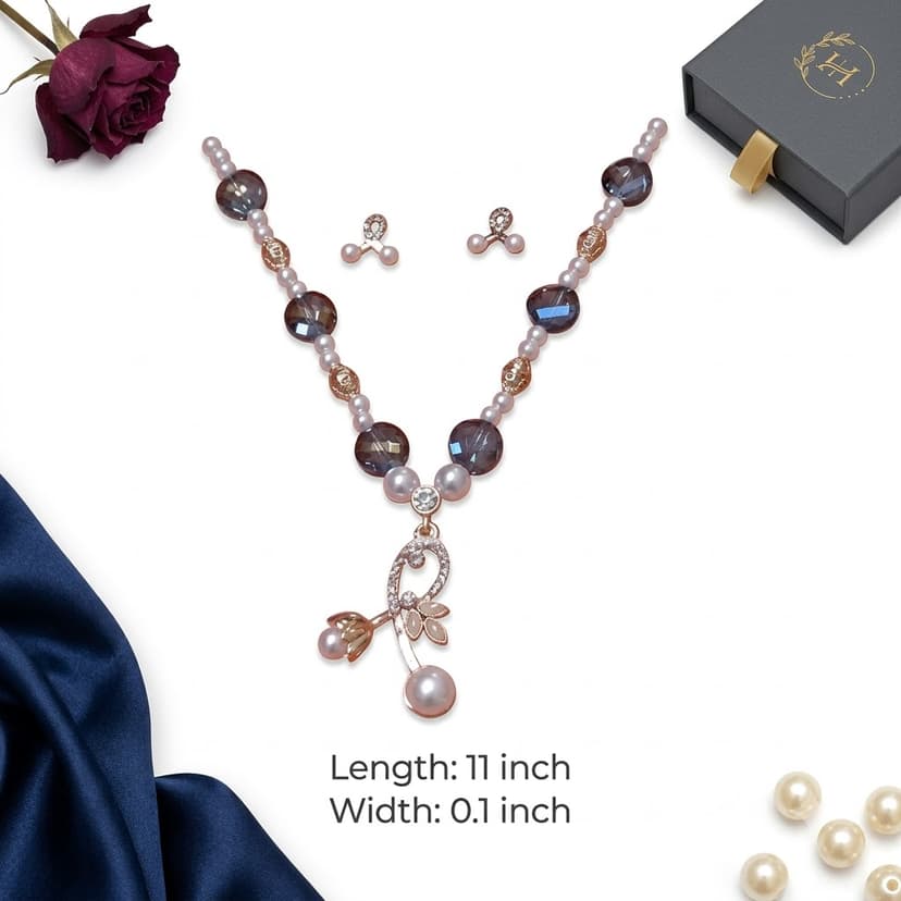 Elegant Smoky Grey Crystal & Pearl Beaded Necklace Set with Rose Gold Floral Pendant & Stud Earrings