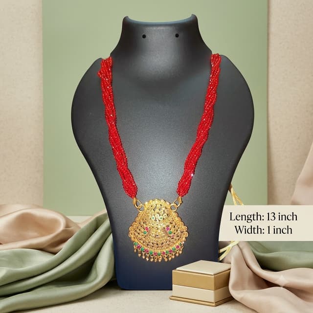 Traditional Multi-Strand Red Crystal Beaded Necklace Set with Gold-Plated Peacock Pendant 1