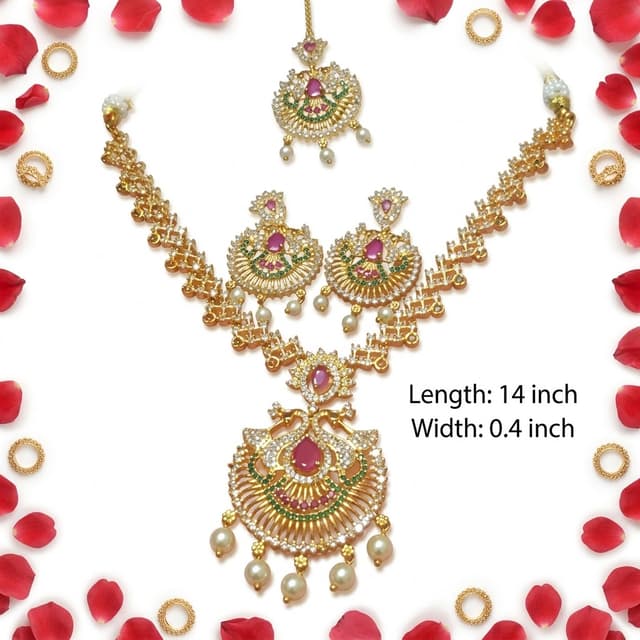 Royal Gold-Plated CZ & Ruby Green Stone Necklace Set with Maang Tikka and Earrings 1