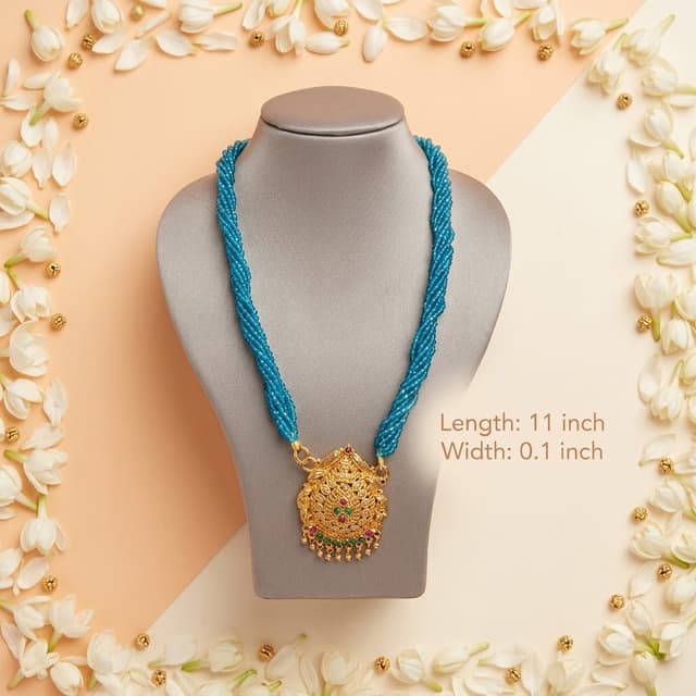 Traditional Multi-Strand Turquoise Blue Crystal Beaded Necklace Set with Gold-Plated Peacock Pendant 1