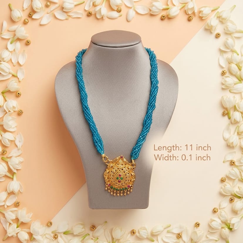 Traditional Multi-Strand Turquoise Blue Crystal Beaded Necklace Set with Gold-Plated Peacock Pendant 1